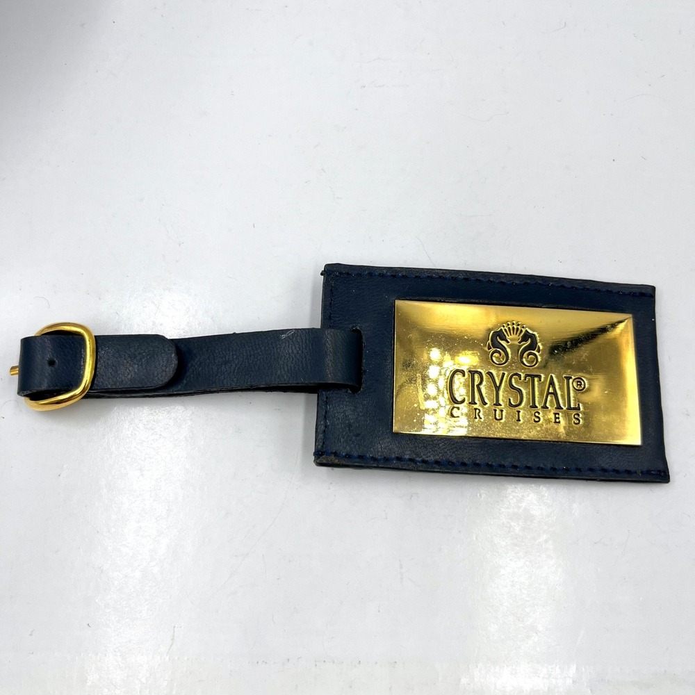 Vintage Crystal Cruises Luxury Luggage Tag Blue Leather Gold Tone Brass Plate